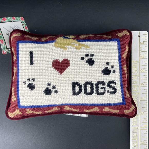 Needlepoint I Love Dog Spell Out Wool/Velvet Red Art Mini Pillow Decor - Picture 7 of 9